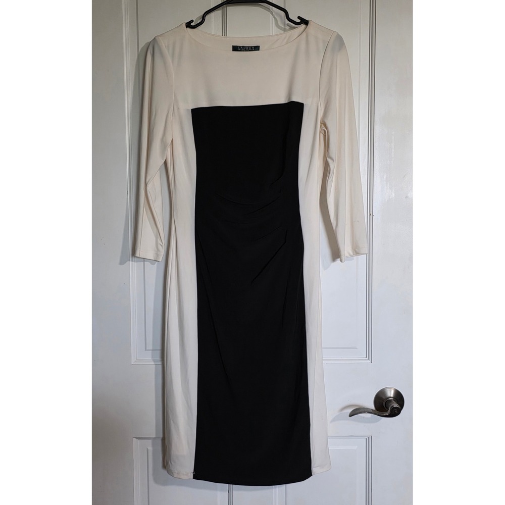 Lauren Ralph Lauren Colorblock Sheath Dress Cream Black Ruched Womens Size 6